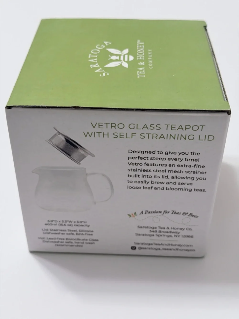 Saratoga Tea & Honey Vetro Glass Teapot Infuser 15.6oz Stainless Straining‎ Lid